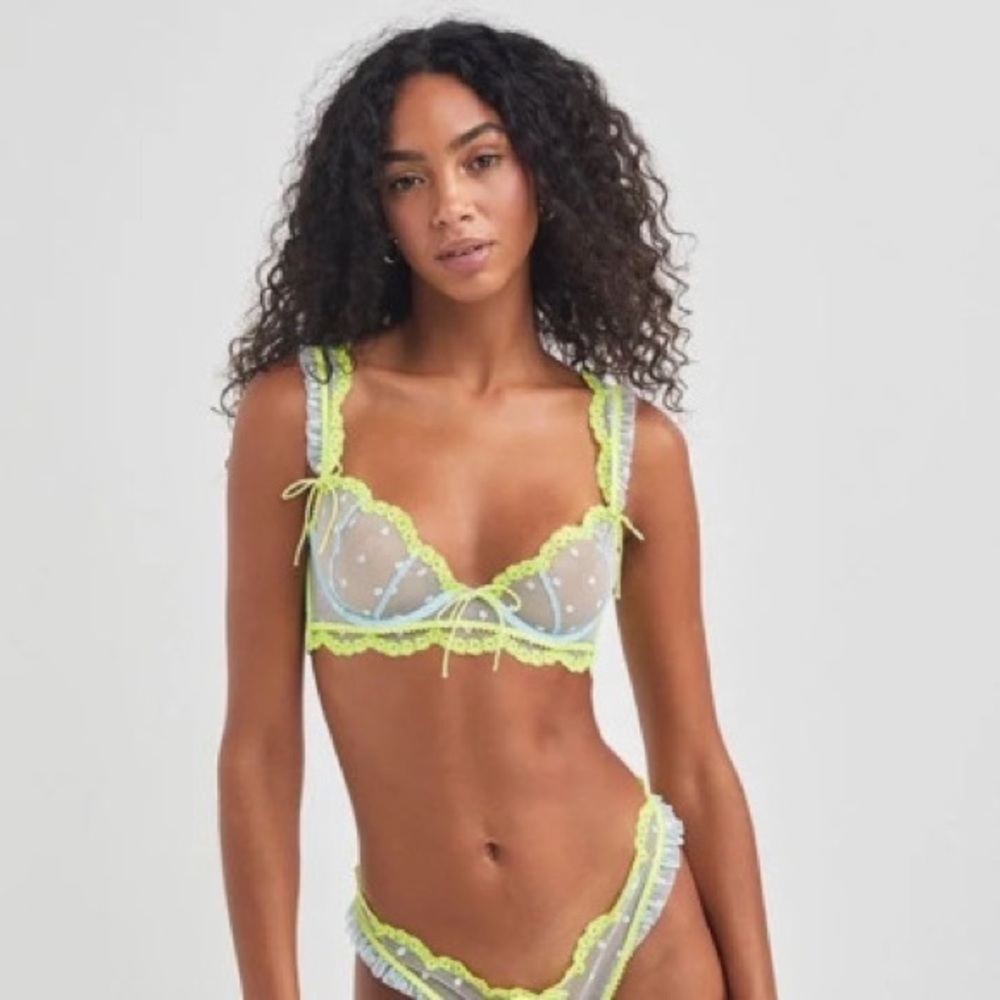 For Love & Lemons Neon Yellow and Light Blue Sheer Lace Bra & Thong Set